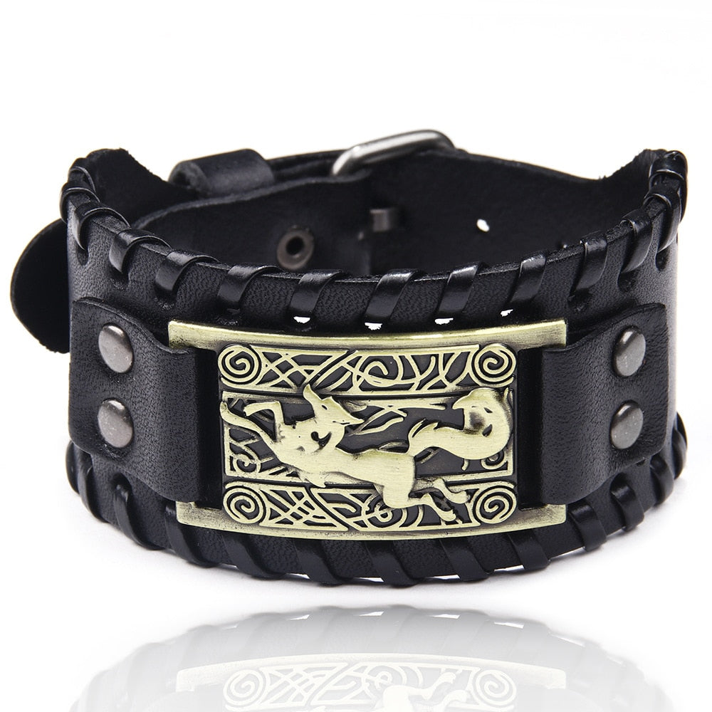 Charm Wide Leather Bracelet Men Punk Braided Rope Alloy Cuff Bangle Male Wristband Viking Bracelet Mens Jewelry
