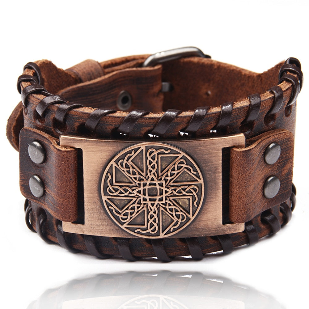 Charm Wide Leather Bracelet Men Punk Braided Rope Alloy Cuff Bangle Male Wristband Viking Bracelet Mens Jewelry
