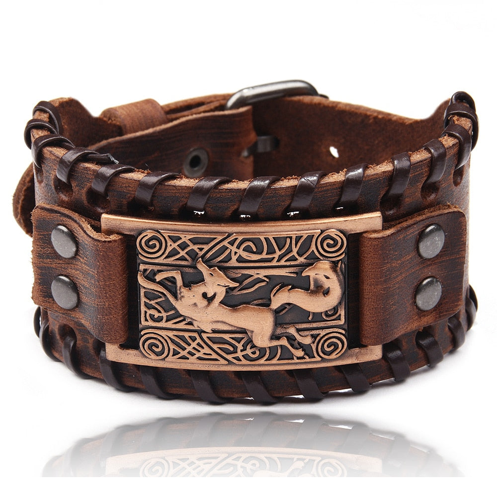 Charm Wide Leather Bracelet Men Punk Braided Rope Alloy Cuff Bangle Male Wristband Viking Bracelet Mens Jewelry