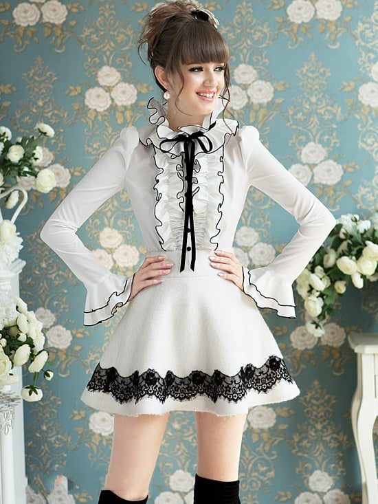 White ruffle black ribbon bow bubble long-sleeve shirt Elegant top blouses shirt