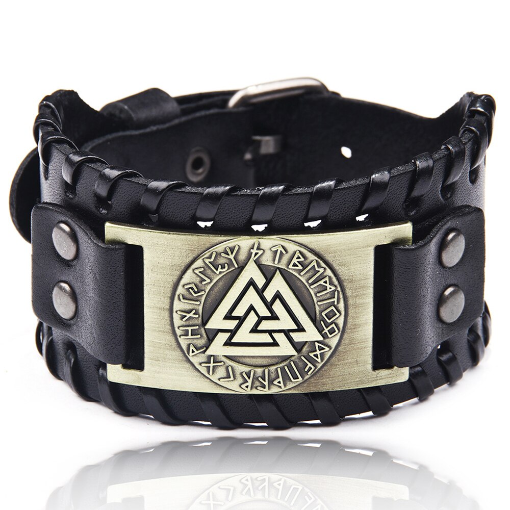 Charm Wide Leather Bracelet Men Punk Braided Rope Alloy Cuff Bangle Male Wristband Viking Bracelet Mens Jewelry