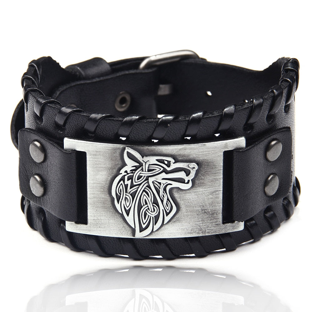 Charm Wide Leather Bracelet Men Punk Braided Rope Alloy Cuff Bangle Male Wristband Viking Bracelet Mens Jewelry