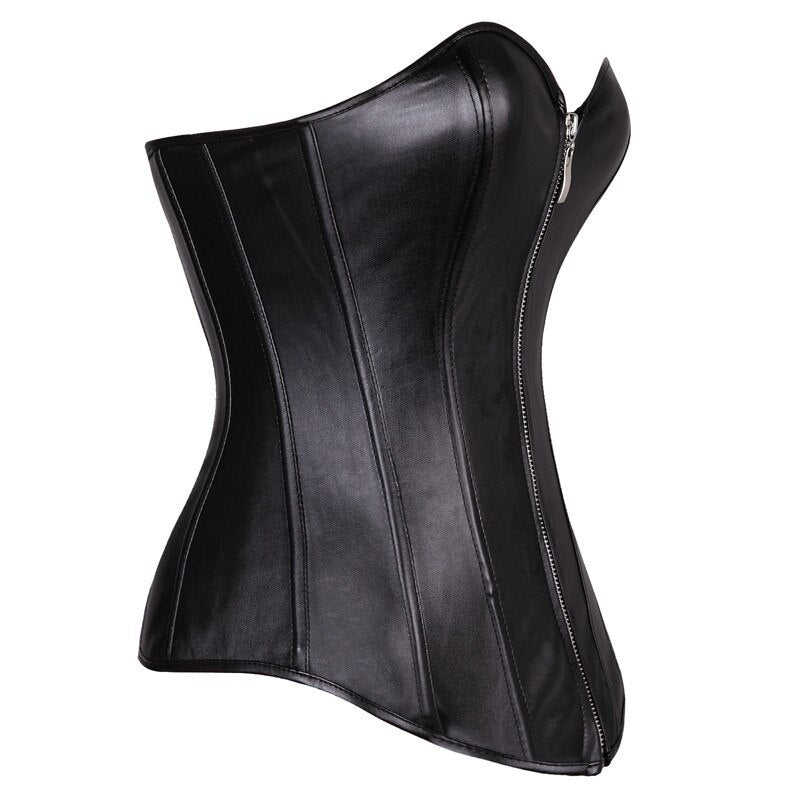 Women Black Faux Leather Steampunk Zipper Overbust Corset