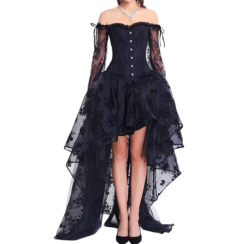 Steampunk Corset Dress Bustier Gothic Corselet Corsets Women Lace Off Shoulder Floral Long Dresses Top Skirts Set