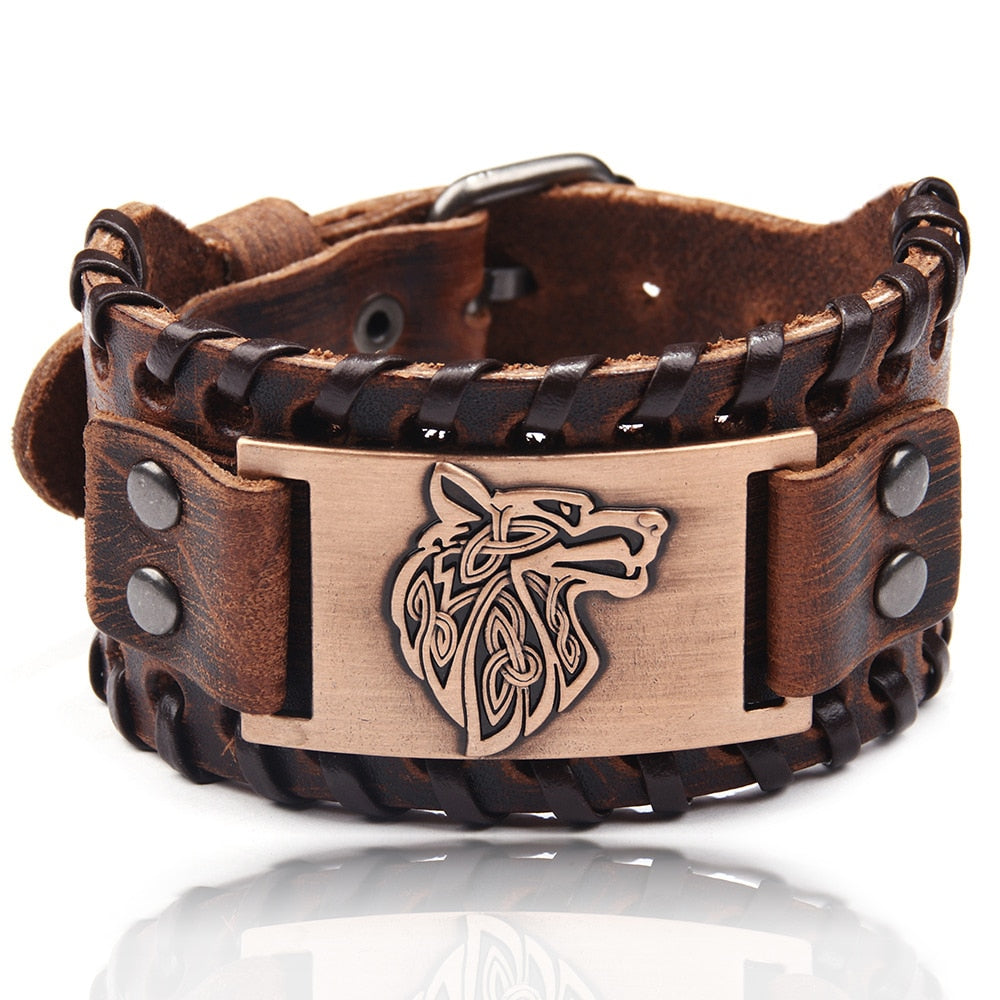 Charm Wide Leather Bracelet Men Punk Braided Rope Alloy Cuff Bangle Male Wristband Viking Bracelet Mens Jewelry