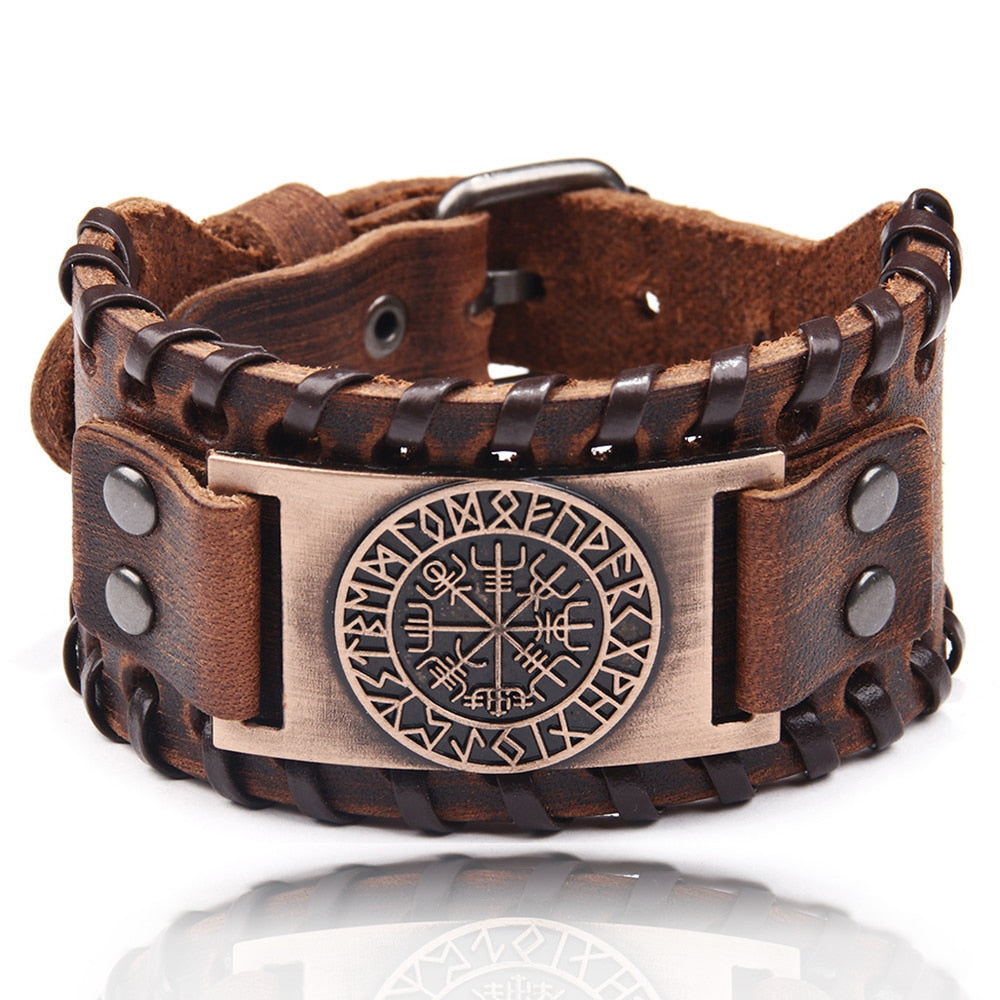Charm Wide Leather Bracelet Men Punk Braided Rope Alloy Cuff Bangle Male Wristband Viking Bracelet Mens Jewelry