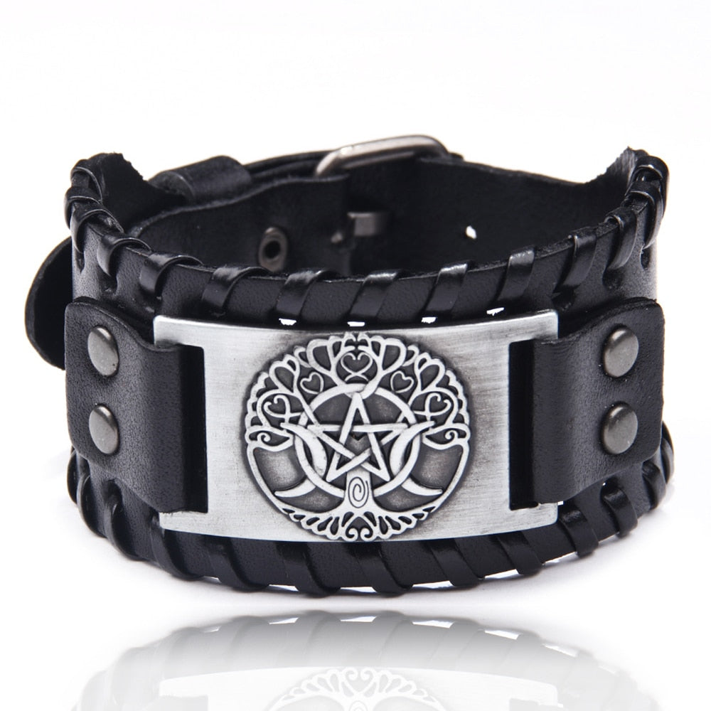 Charm Wide Leather Bracelet Men Punk Braided Rope Alloy Cuff Bangle Male Wristband Viking Bracelet Mens Jewelry