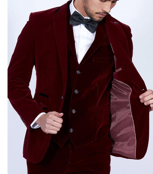 Men Velvet Suits Slim Fit for Wedding 3 Piece American Style Prom Dinner Groom Tuxedos Fashion Jacket with Pants Vest