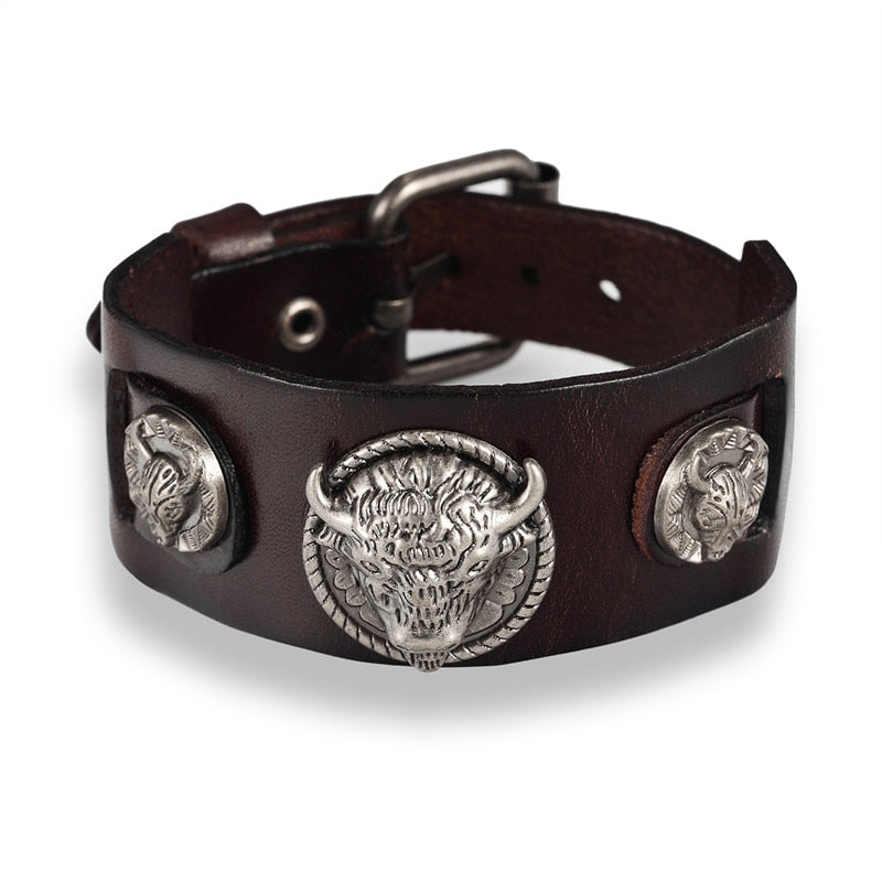 Bull Punk Style Genuine Leather Wrap  For Men Wrist Friendship Big Wide Leather Bracelet
