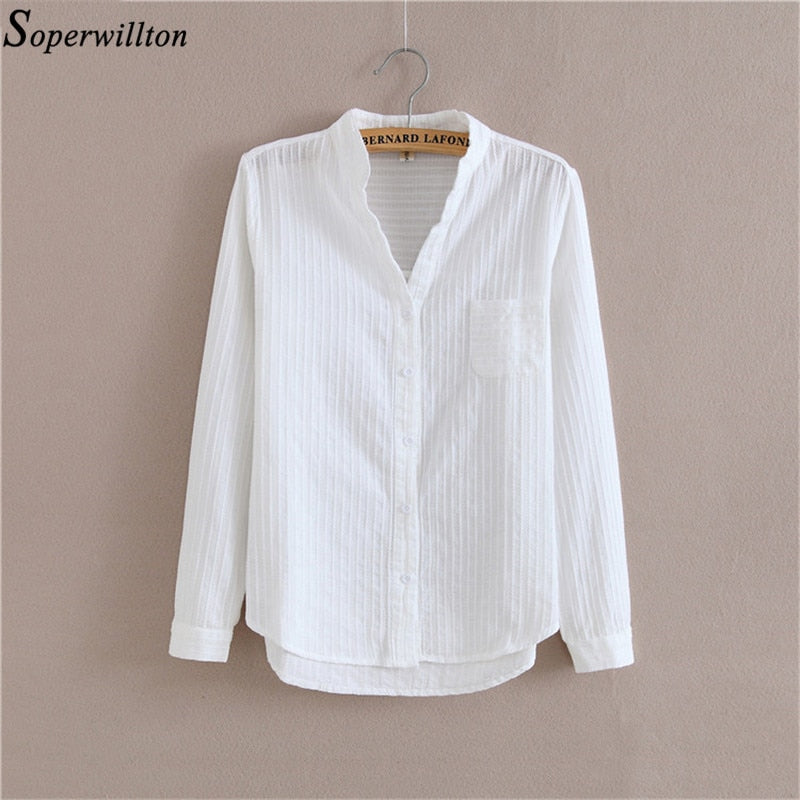 Women Top and Blouse Long Sleeve White Shirt Spring 100% Cotton Shirt