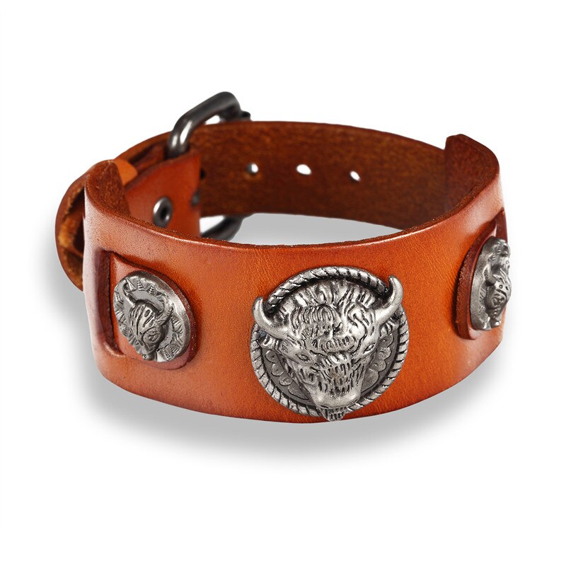Bull Punk Style Genuine Leather Wrap  For Men Wrist Friendship Big Wide Leather Bracelet