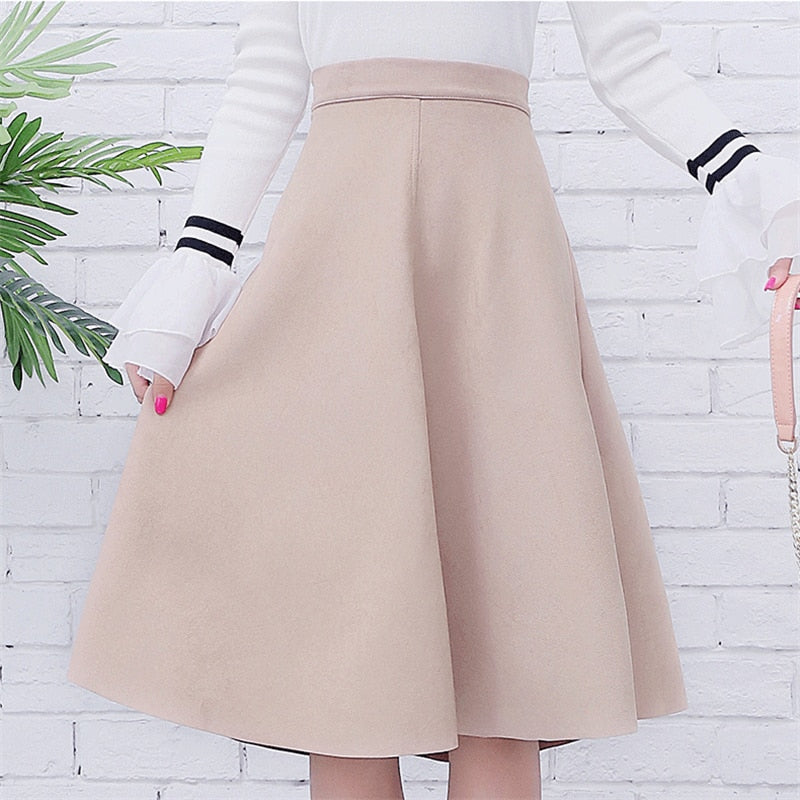 2022 Vintage Style Elastic Ladies A-Line Black Green Flare Fashion High Waist Midi Skirt