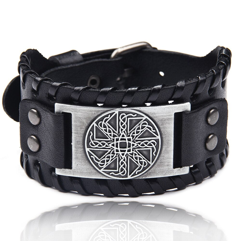Charm Wide Leather Bracelet Men Punk Braided Rope Alloy Cuff Bangle Male Wristband Viking Bracelet Mens Jewelry