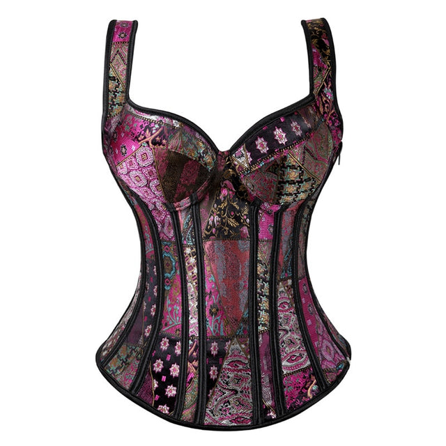 Steampunk Straps Overbust Corset Jacquard Floral Corset Waist Cincher Bustier Lingerie Top Plus Size