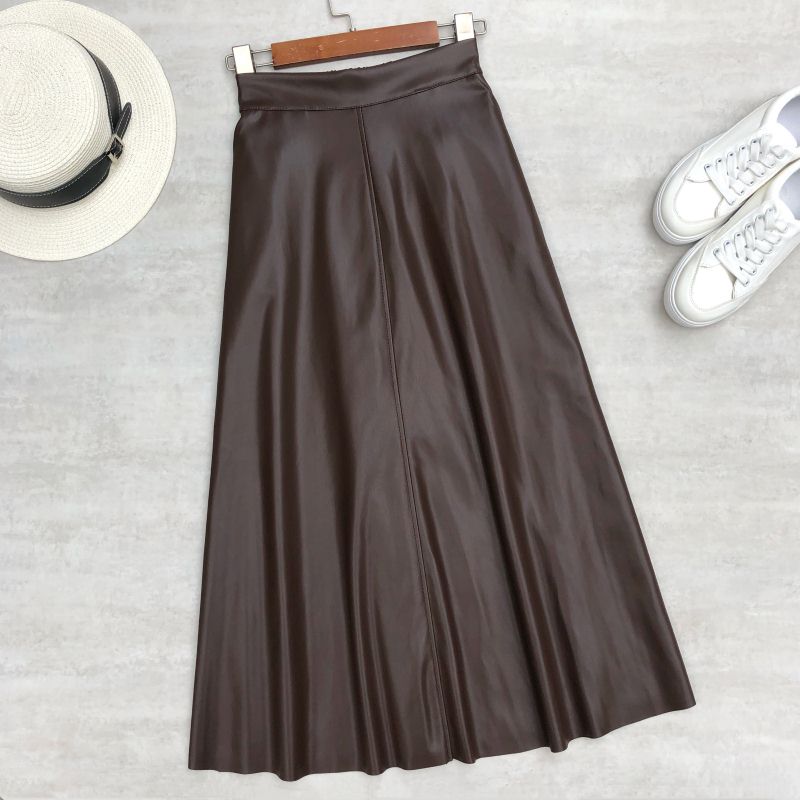 Women Skirts High Waist Elastic Latex Female Chic Flare Flare Long Skirt