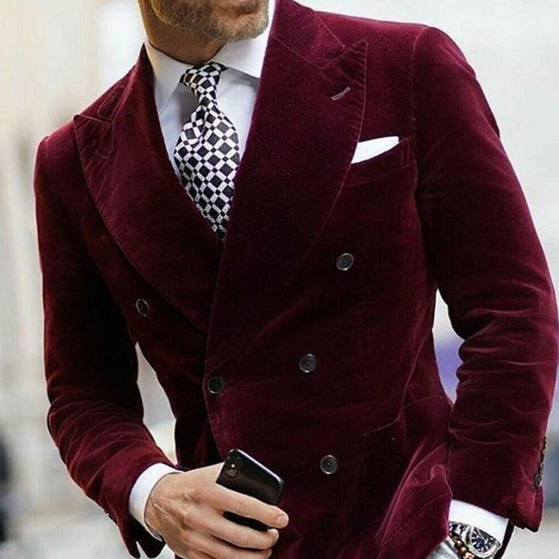 Burgundy Double Breasted Velvet Mens Blazer Elegant Single Coat Smoking Male Suit Dinner Jacket with Big Peaked Lapel Costume