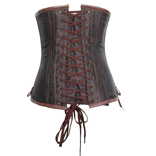 Vintage Waist Trainer Corset Steel Boned Bustier Metal Chain Korset Brown Steampunk