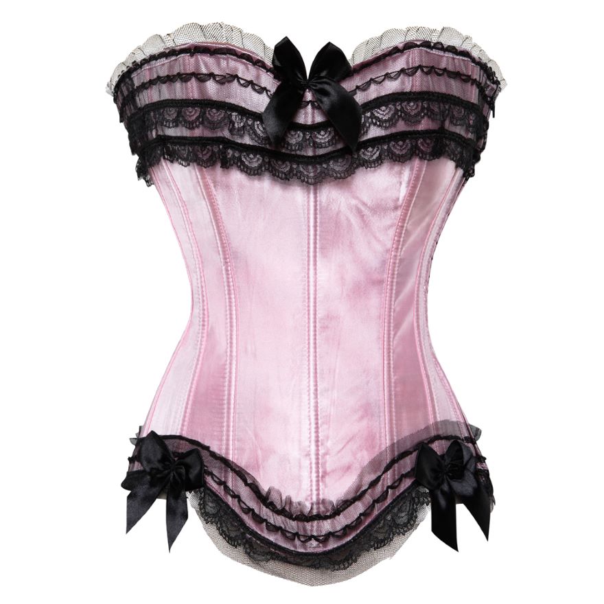 Satin Lace Overlay Corset Bustier Overbust Burlesque Corselet Top Bodyshaper Lingerie