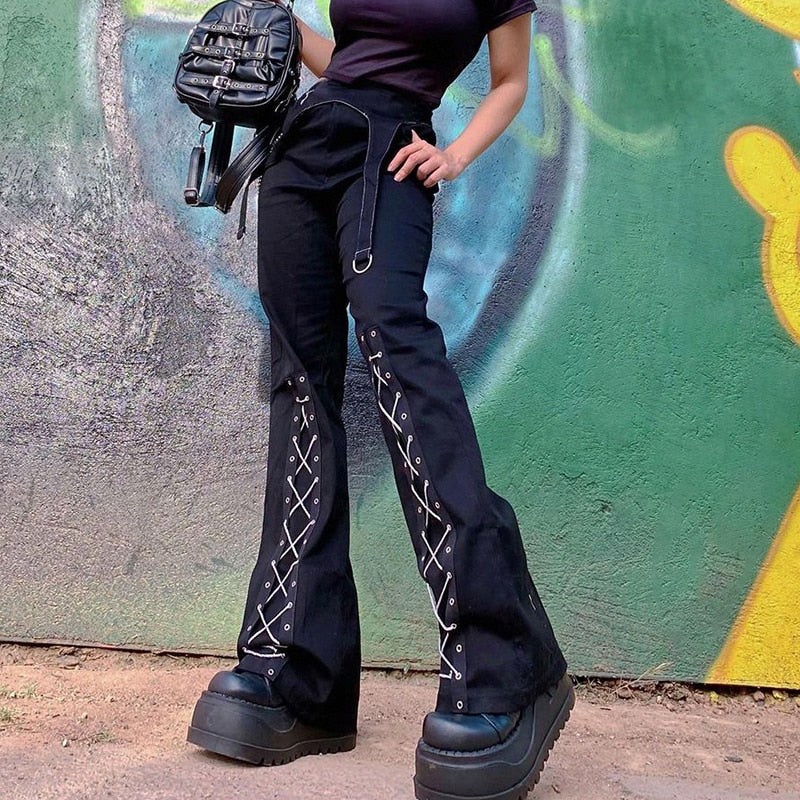 Cross Bandage Straight Pants Techwear Gothic  Trousers E Girl Hip Hop Pants Dark