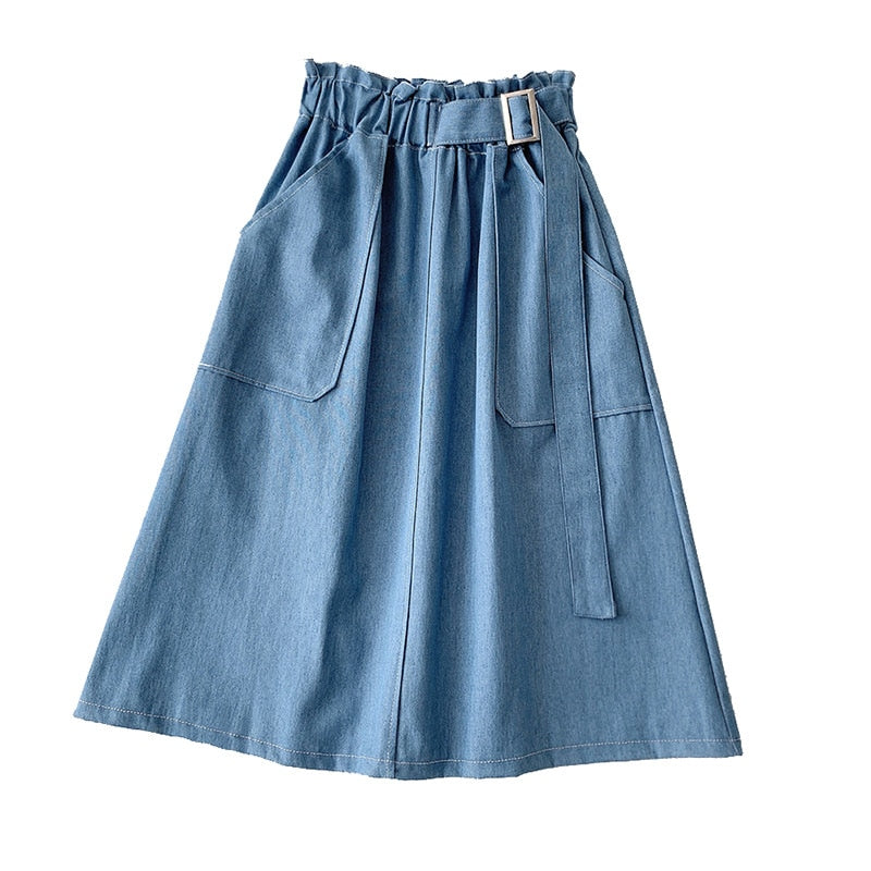 Denim Skirt Women High Waist Midi Jean Skirt A Line with Belt Street Casual Summer Clothing Blue Faldas