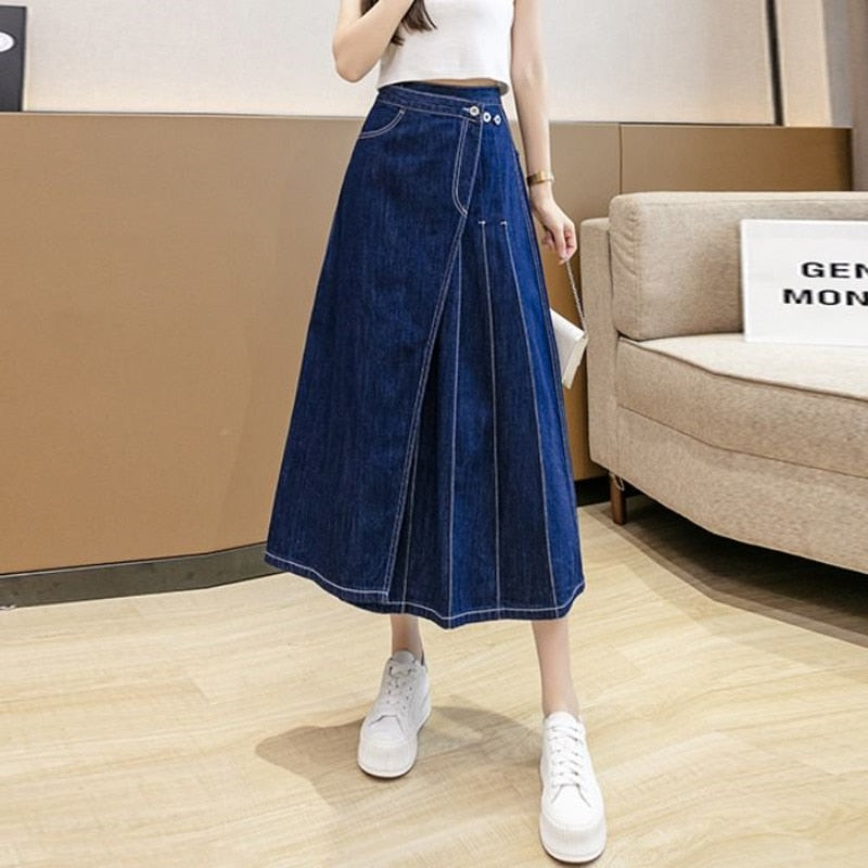 Pleated Midi Denim Skirt Irregular Jean Skirts Harajuku Vintage Faldas Ropa