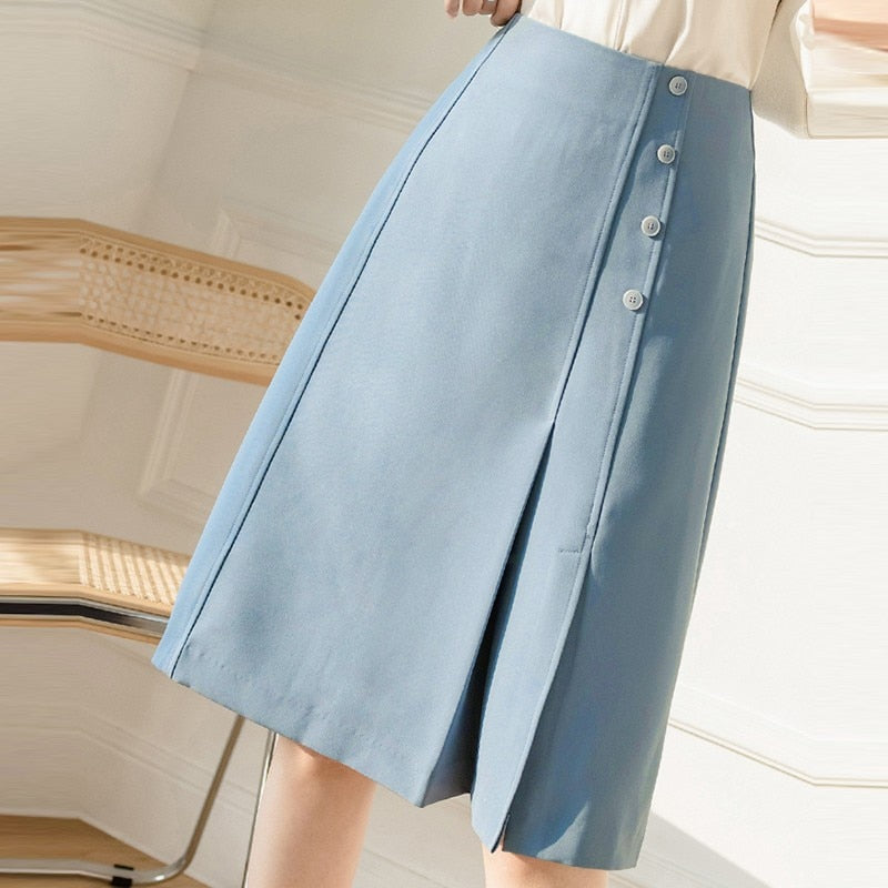 A-line Skirts Summer Office Style Solid Color High Waist Women Casual Skirt