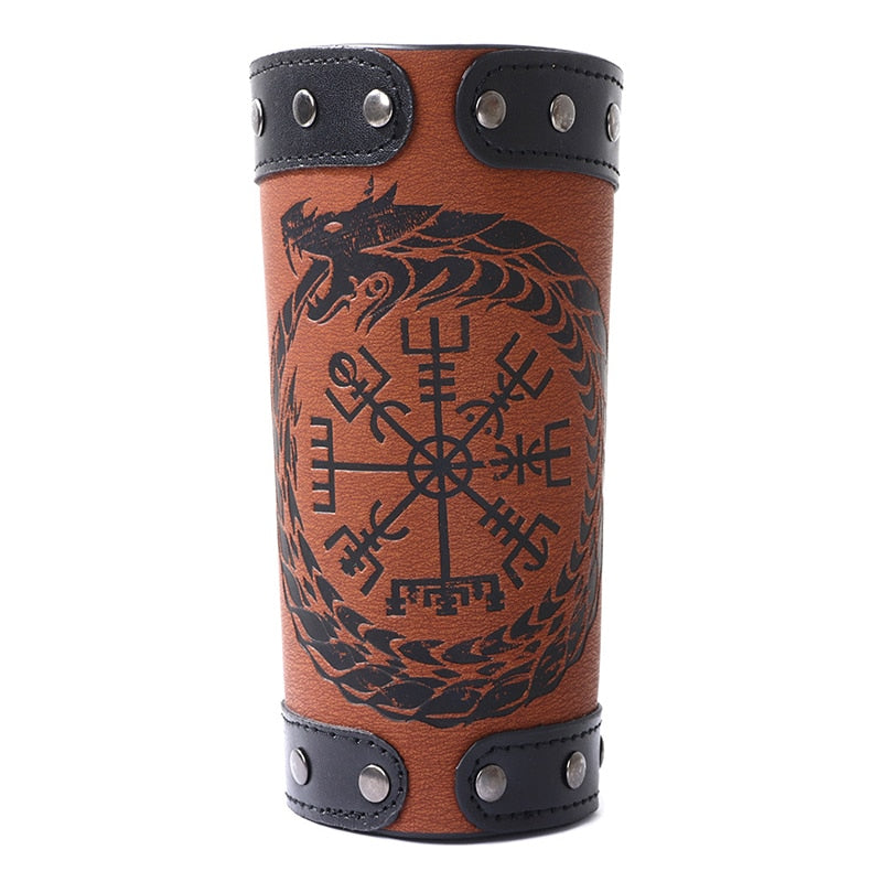 Wide Bangle Nordic Viking Compass Punk Wolf Head Leather Bracelet