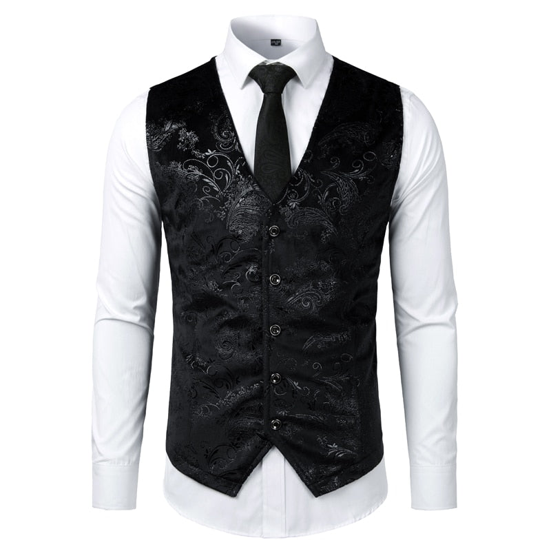 Mens Gold Metallic Paisley Printed Steampunk Vest Single Breasted V Neck Wedding Waistcoat Men Tuxedo Aristocrat Vests Gilet 2XL