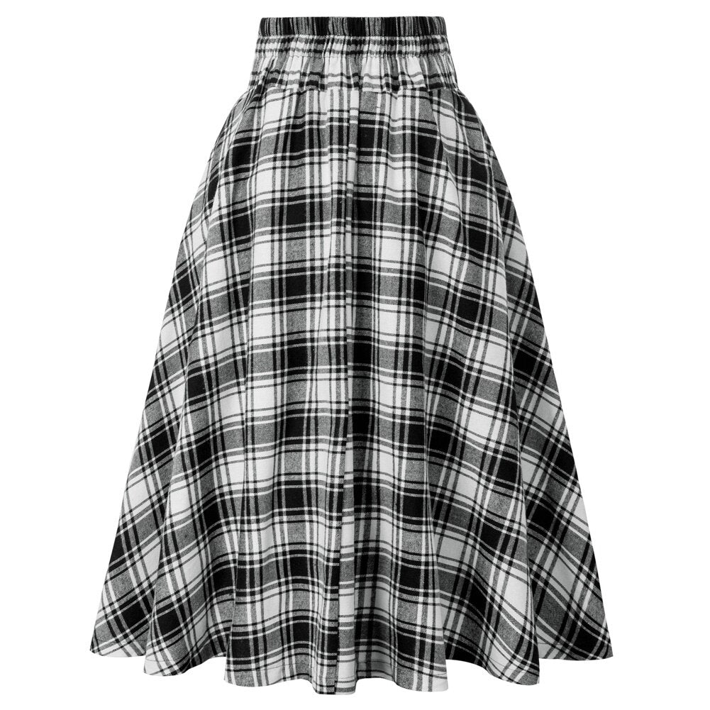 Plaided Skirt High Waist Buttons Decorated Flared A-Line With Open Side-seam Pockets Flared A-Line Silhou
