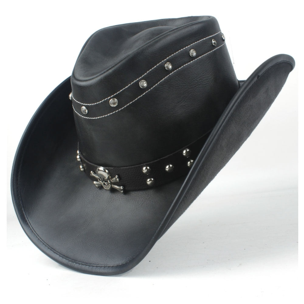 Black Leather Cowboy Hat with Silver Skull & Studs – Gothic  display picture 1