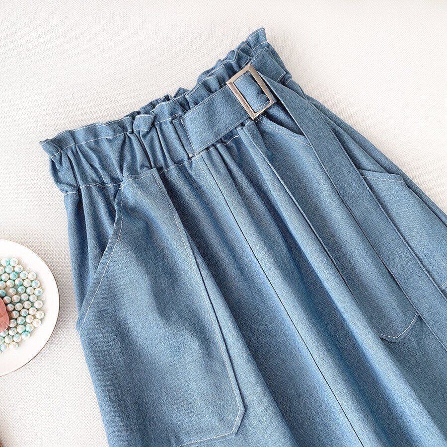 Denim Skirt Women High Waist Midi Jean Skirt A Line with Belt Street Casual Summer Clothing Blue Faldas