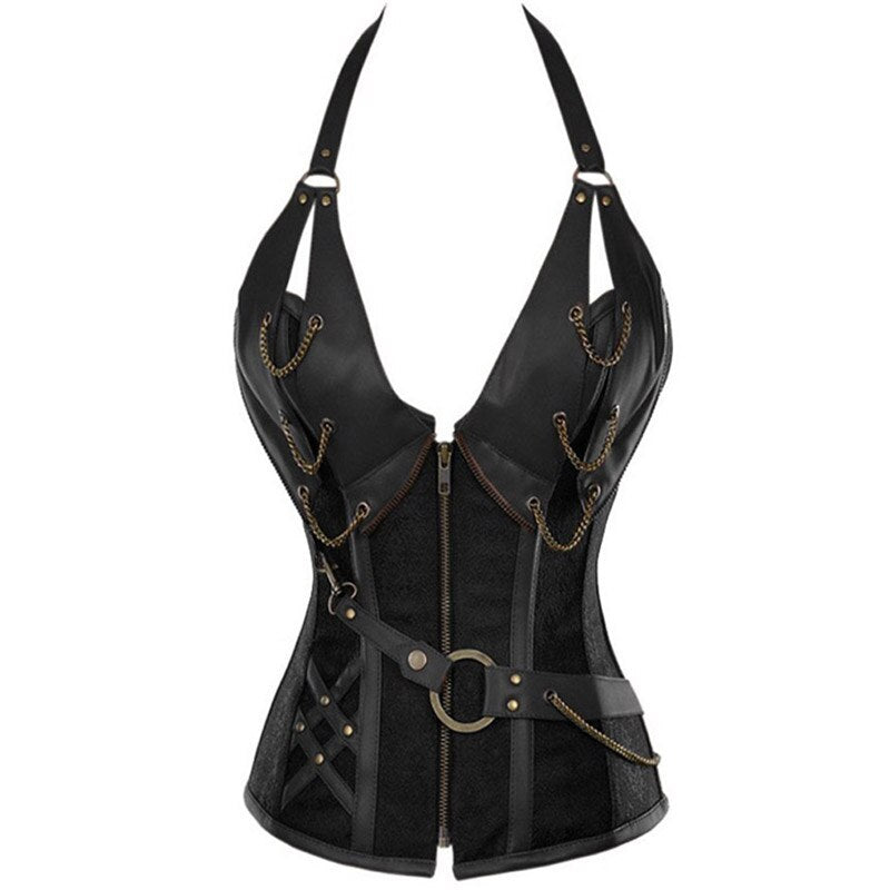 Women bustier corset New court brown 4 steel punk leather corset with belt neck shaper