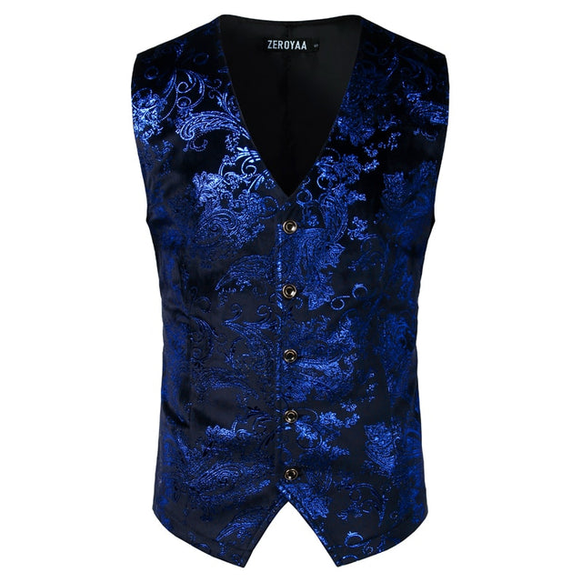 Mens Gold Metallic Paisley Printed Steampunk Vest Single Breasted V Neck Wedding Waistcoat Men Tuxedo Aristocrat Vests Gilet 2XL