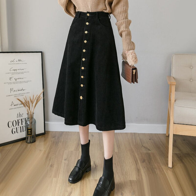 Vintage Elegant Corduroy Skirts Fashion Metal Buttons High Waist A-Line Skirt