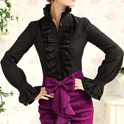 Women Lady Shirt Frilly Ruffle Tops Flounce Formal Shirts