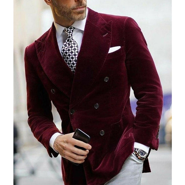 Burgundy Double Breasted Velvet Mens Blazer Elegant Single Coat Smoking Male Suit Dinner Jacket with Big Peaked Lapel Costume
