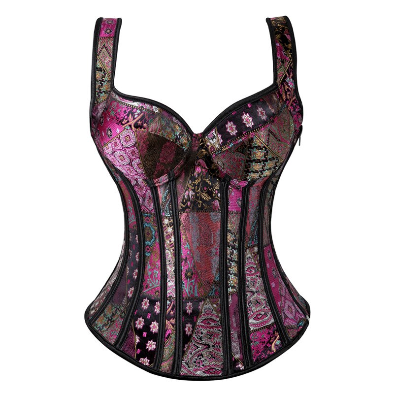 Gothic Jacquard Straps Overbust Corset Sexy Waist Cincher Bustier