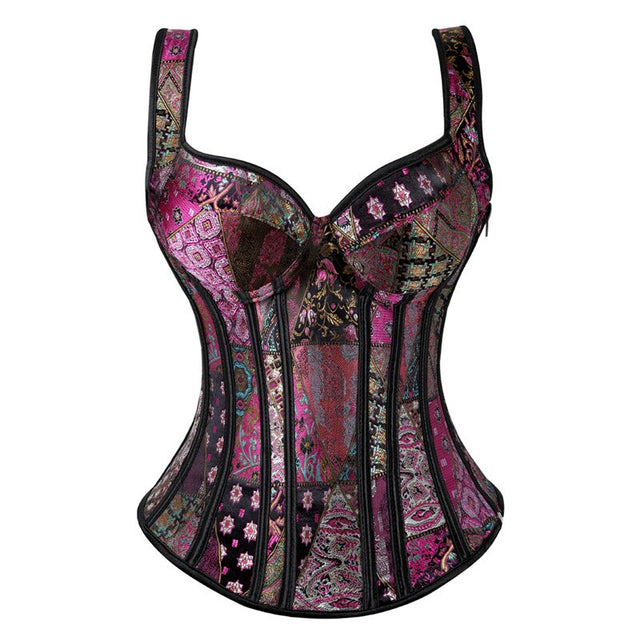 Gothic Jacquard Straps Overbust Corset Sexy Waist Cincher Bustier