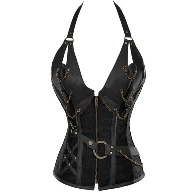 Women bustier corset New court brown 4 steel punk leather corset with belt neck shaper