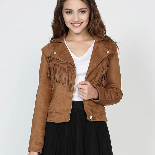 Fringe Faux Suede Jacket Women& Motorcycle Lapel Handsome Jacket Fall