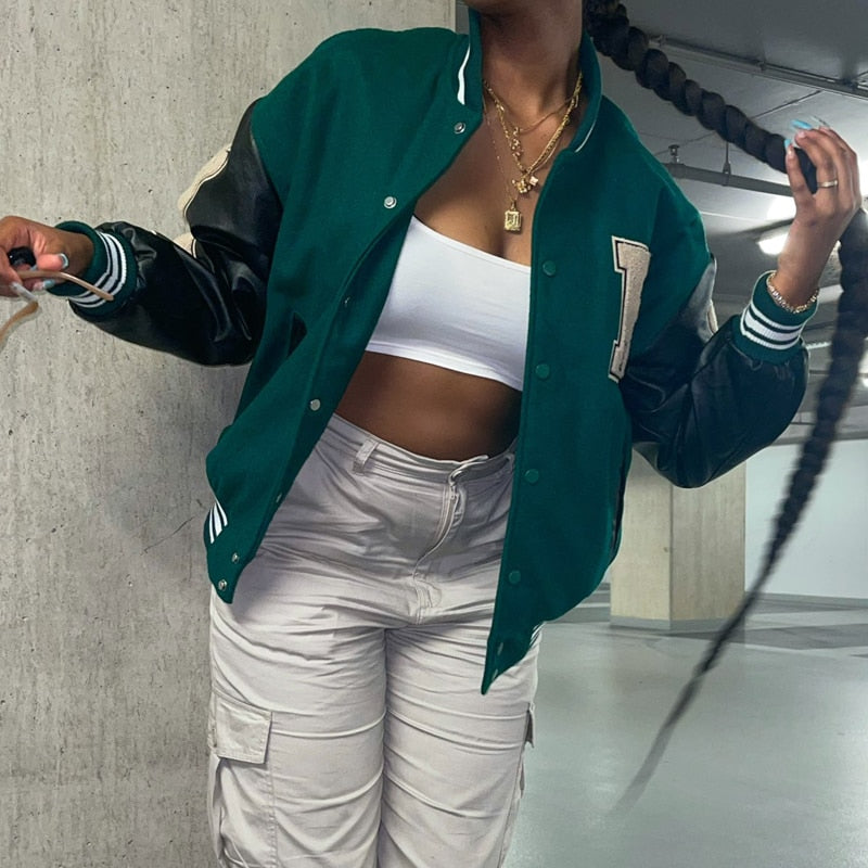 Varsity Baseball Bomber Jacket Women Hip Hop Harajuku Bone Letter Patchwork Leather Jackets Streetwear