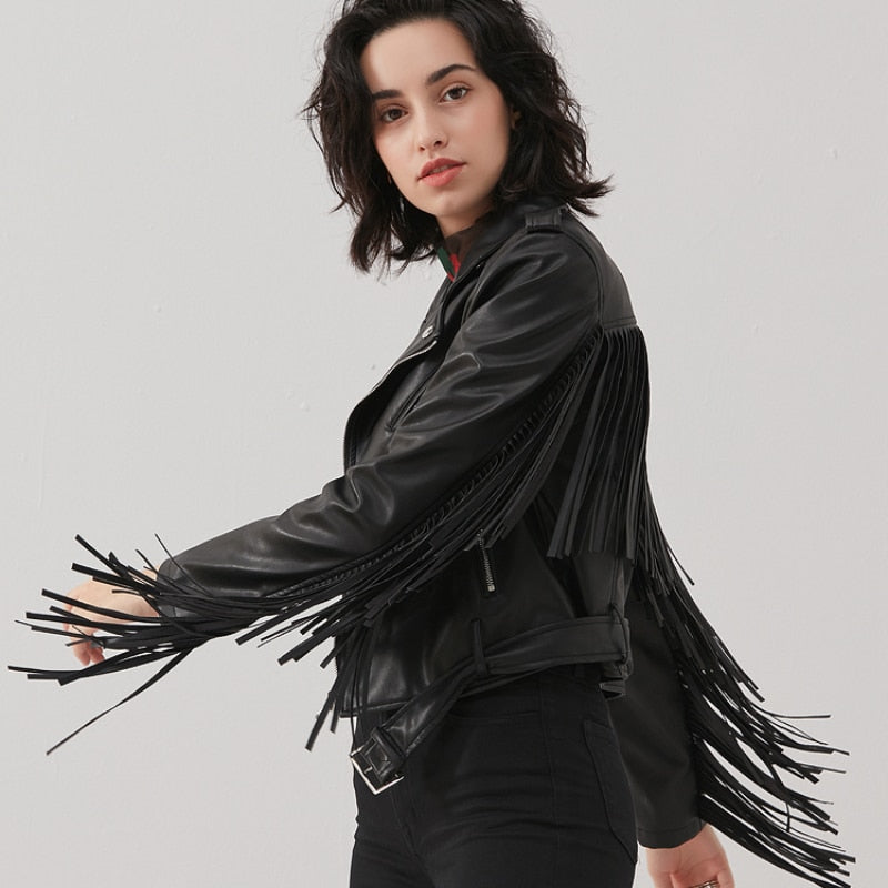 Fashion Fringed Jacket Women Tassel Spring PU Leather Coat Short Slim Fit Waist Motorcycle Jacket