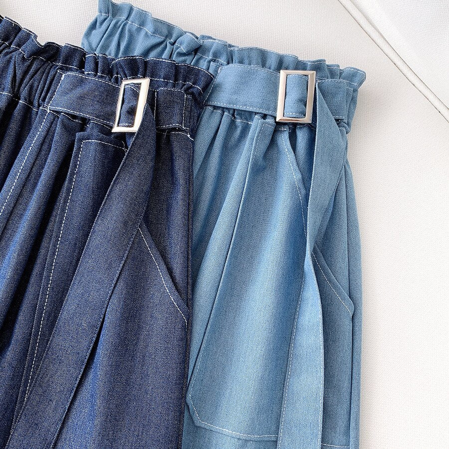 Denim Skirt Women High Waist Midi Jean Skirt A Line with Belt Street Casual Summer Clothing Blue Faldas