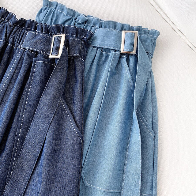 Denim Skirt Women High Waist Midi Jean Skirt A Line with Belt Street Casual Summer Clothing Blue Faldas