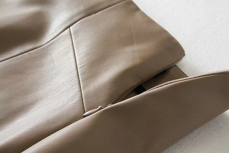 Women Soft PU Leather Pencil Midi Skirt Autumn Ladies Package Hip Back Split Faux Leather Pencil Skirt