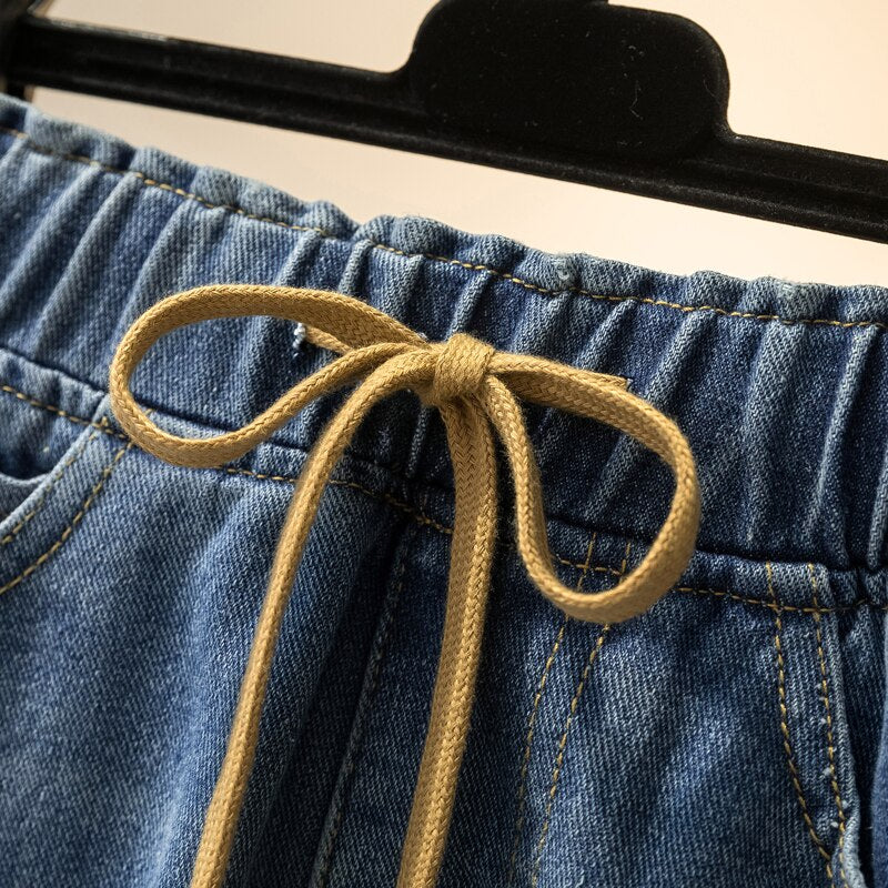 Plus Size Fashion Bottoms Elastic Waist Lace-Up Blue Jeans Summer Casual Streetwear Pockets Short Skirt