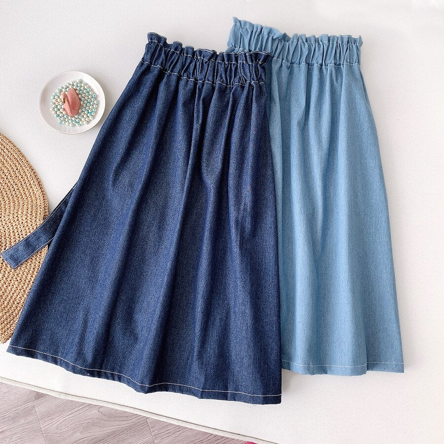 Denim Skirt Women High Waist Midi Jean Skirt A Line with Belt Street Casual Summer Clothing Blue Faldas