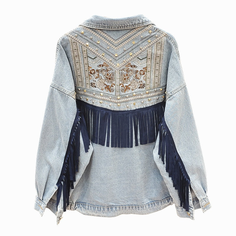 Denim Jacket Floral Embroidery Suede Fringe Loose Chaquetas Mujer Coat