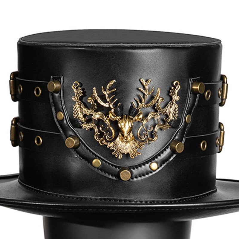 Plague Doctor Hat PU Leather Black Flat Top Witch Hat