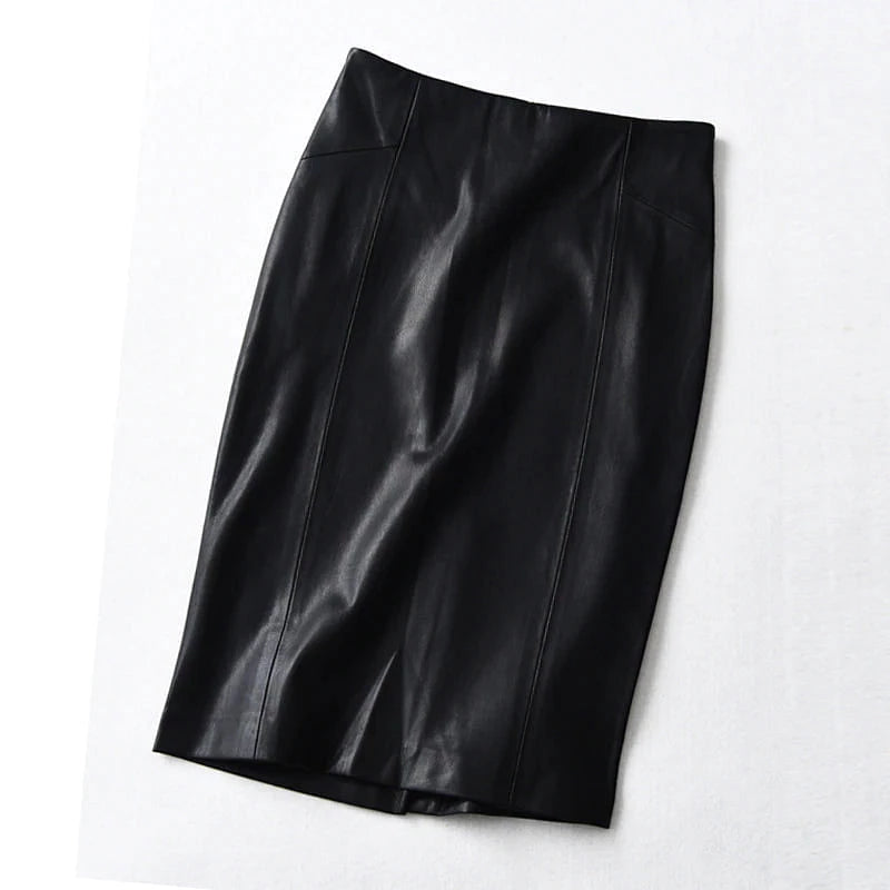 Women Soft PU Leather Pencil Midi Skirt Autumn Ladies Package Hip Back Split Faux Leather Pencil Skirt